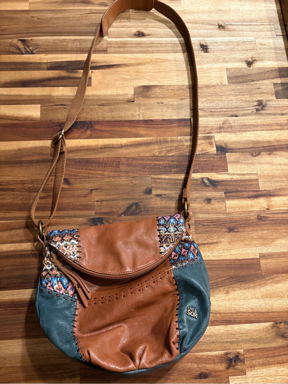 The Sak Brown Leather Crossbody with Blue Patchwork & Woven Trim